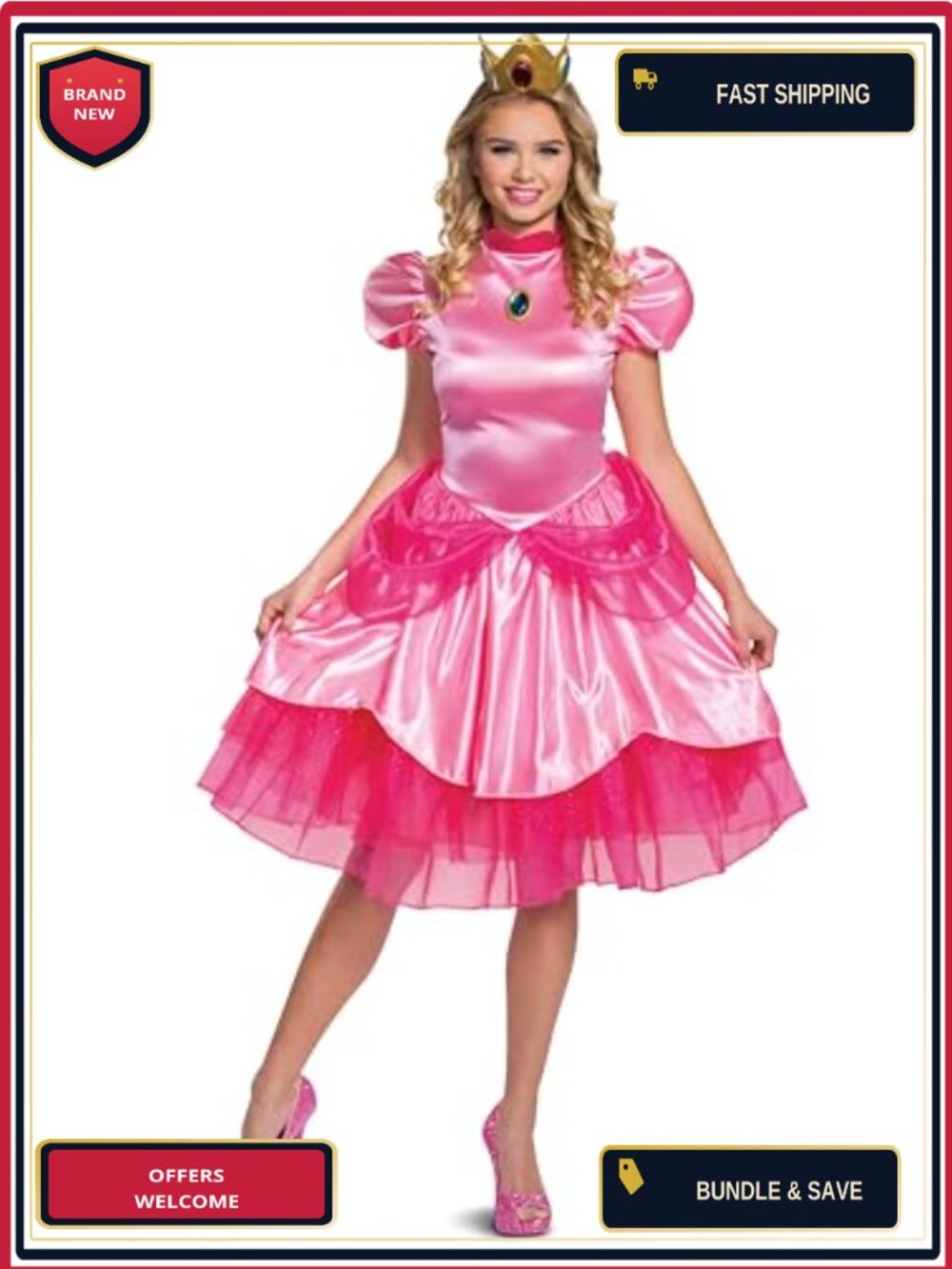 Princess Peach Costume Adult Satin Dress Crown Cosplay Halloween